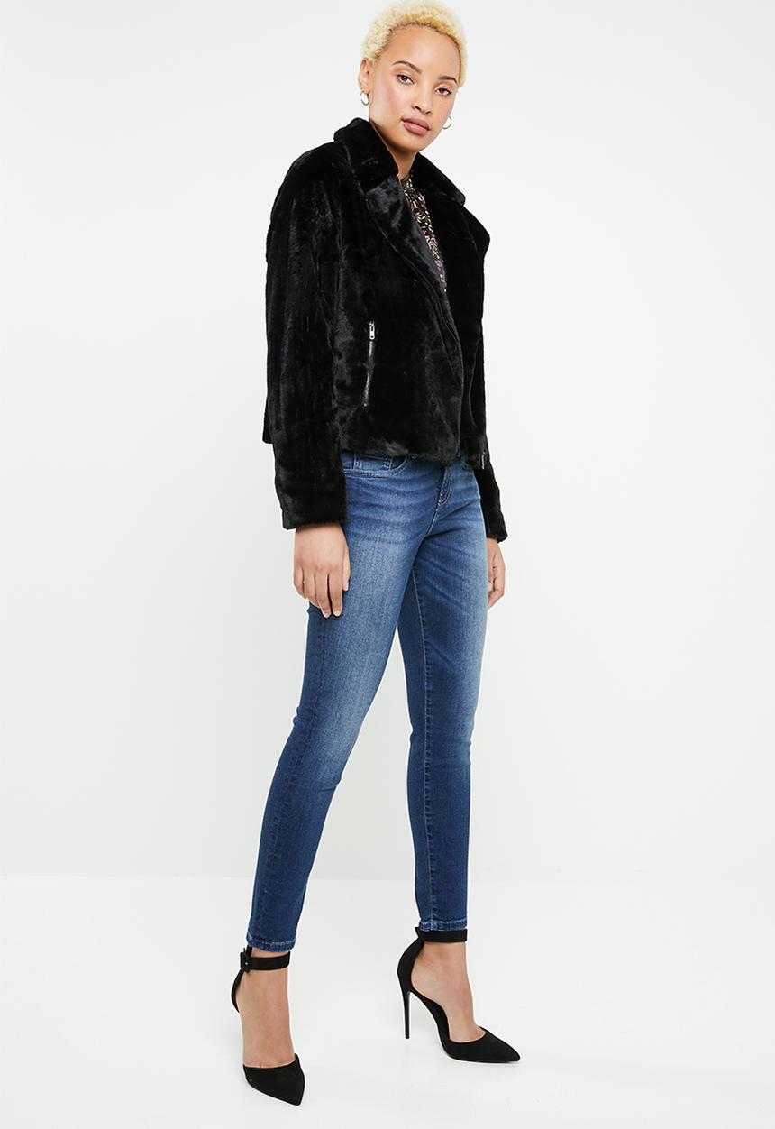 ONLY - Britt faux fur biker jacket - black