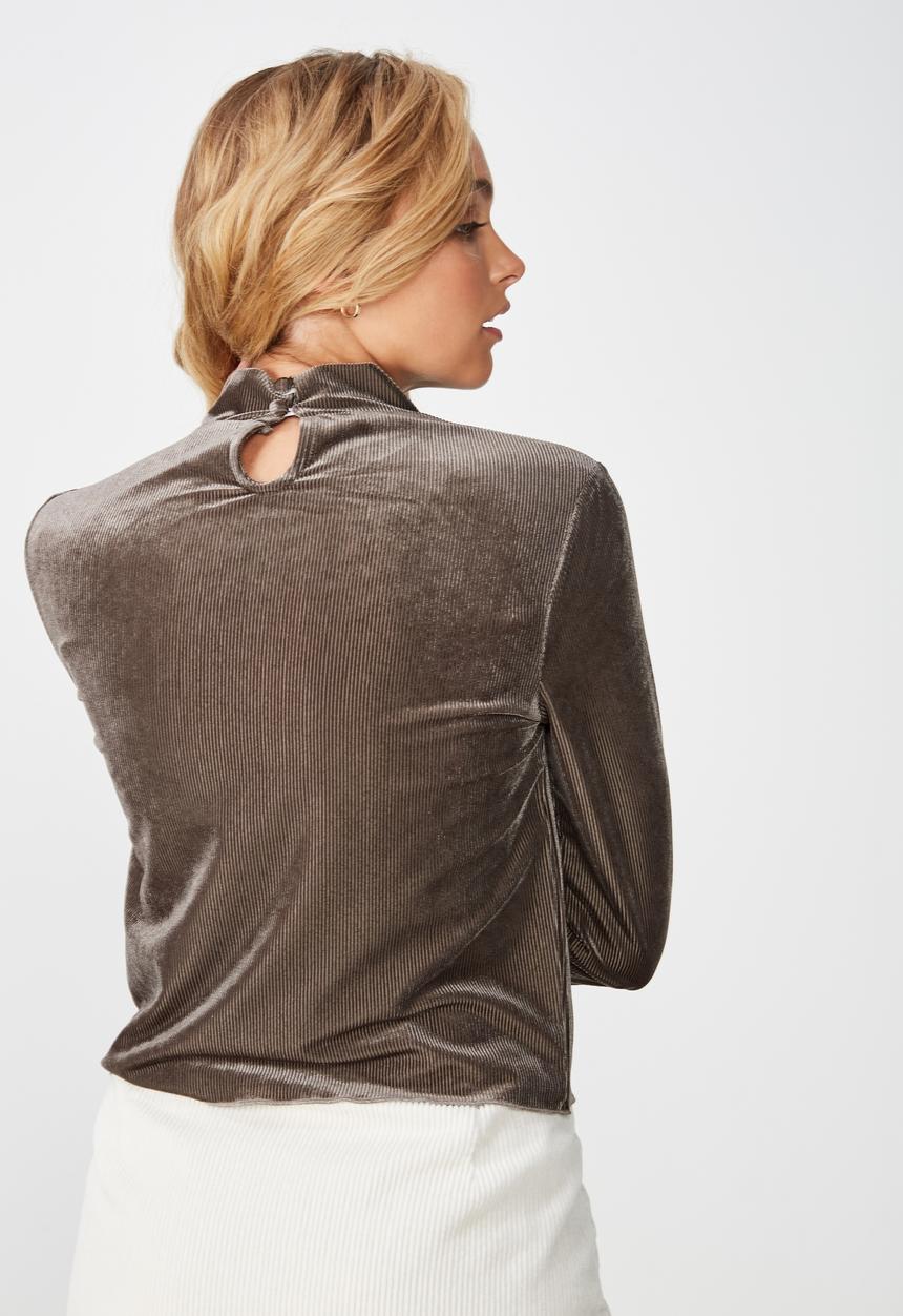 Cotton On - Maeve velvet high neck top  - brown