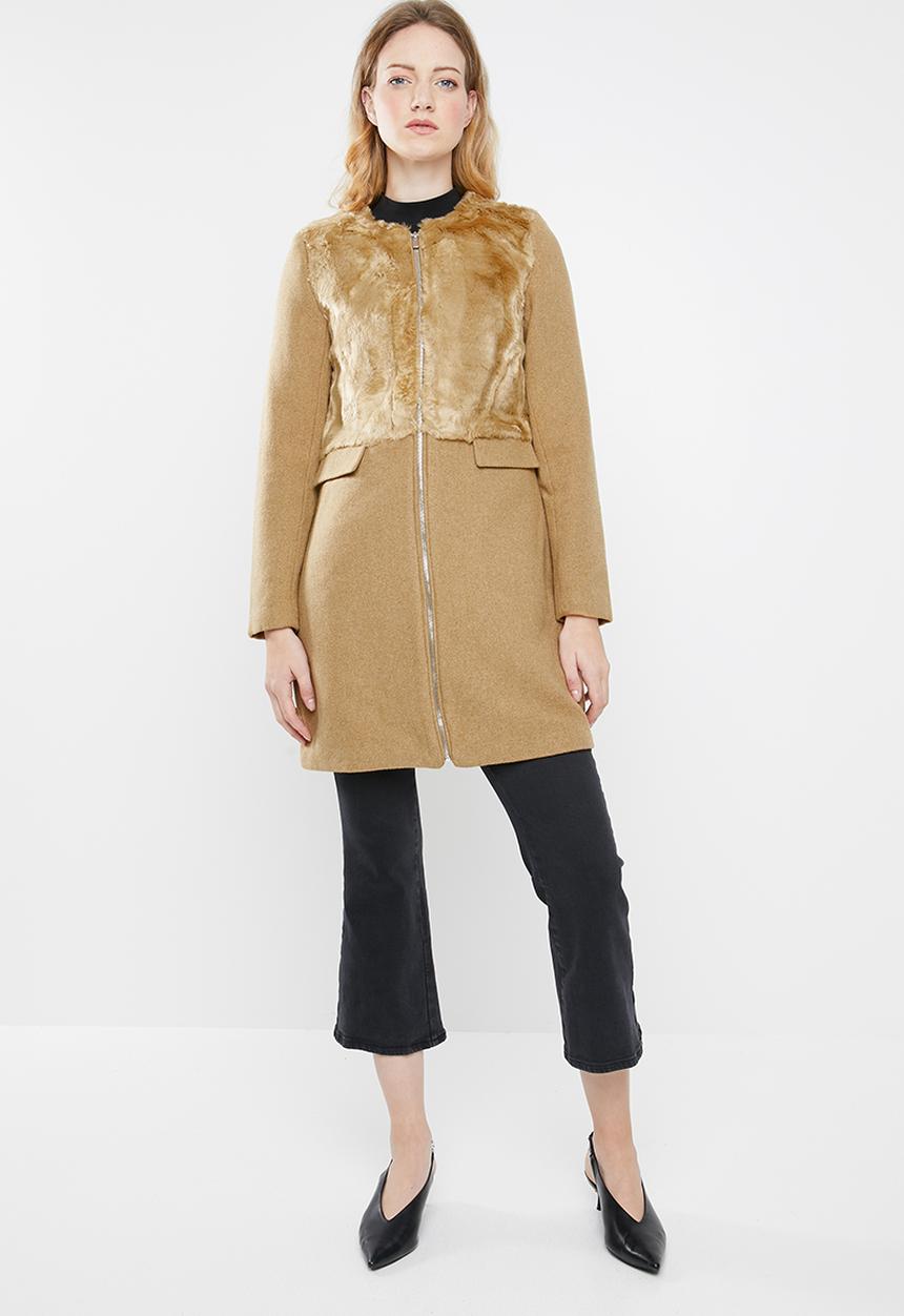 STYLE REPUBLIC - Wool blend coat with faux fur - tan