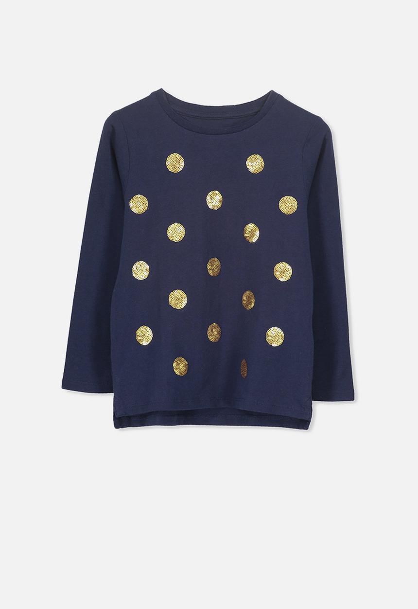 Cotton On - Stevie long sleeve embellished spots tee - navy & gold