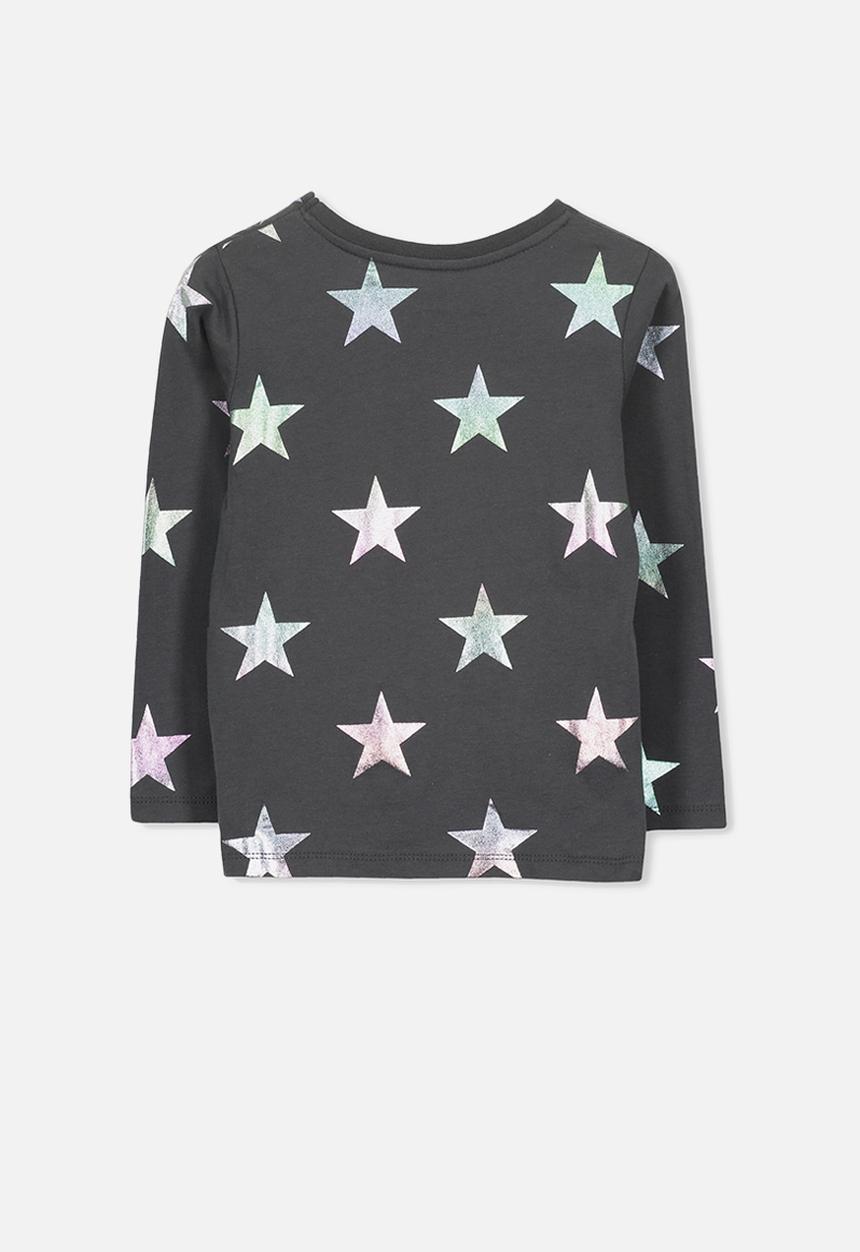Cotton On - Stevie long sleeve embellished stars tee - charcoal & silver