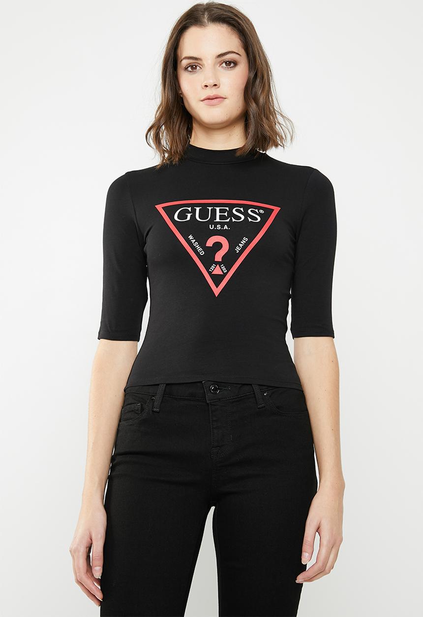 GUESS - 3/4 American logo mock tee - black