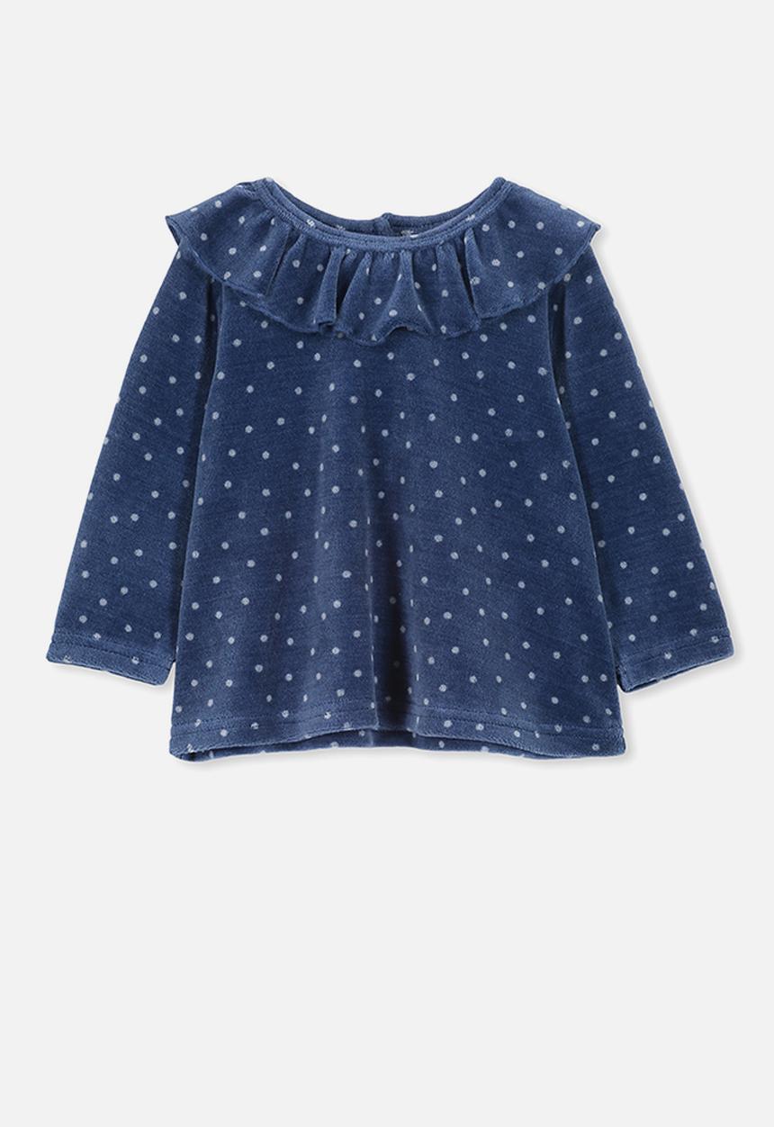 Cotton On - Alice velour ruffle neck top - blue