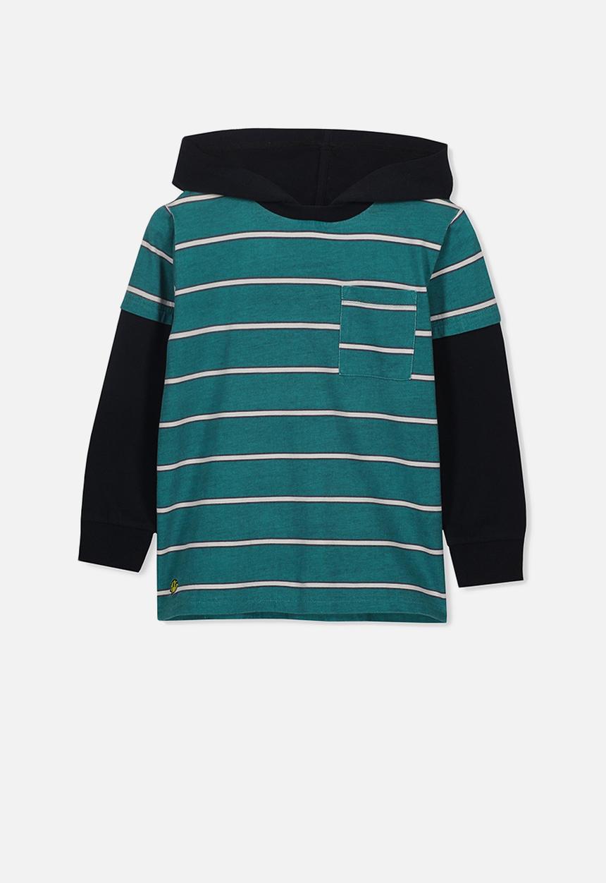 Cotton On - Nate hooded long sleeve top - turquoise & black