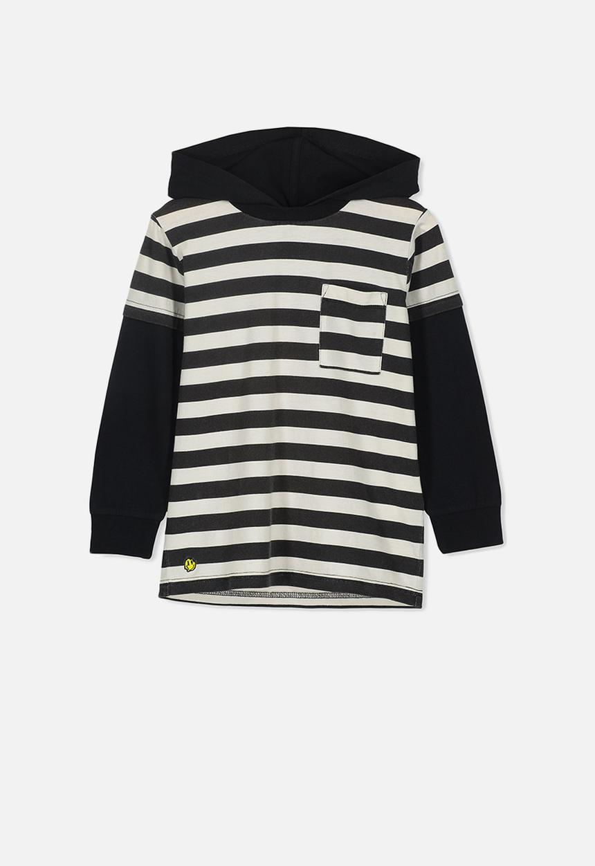 Cotton On - Nate hooded long sleeve top - black & white