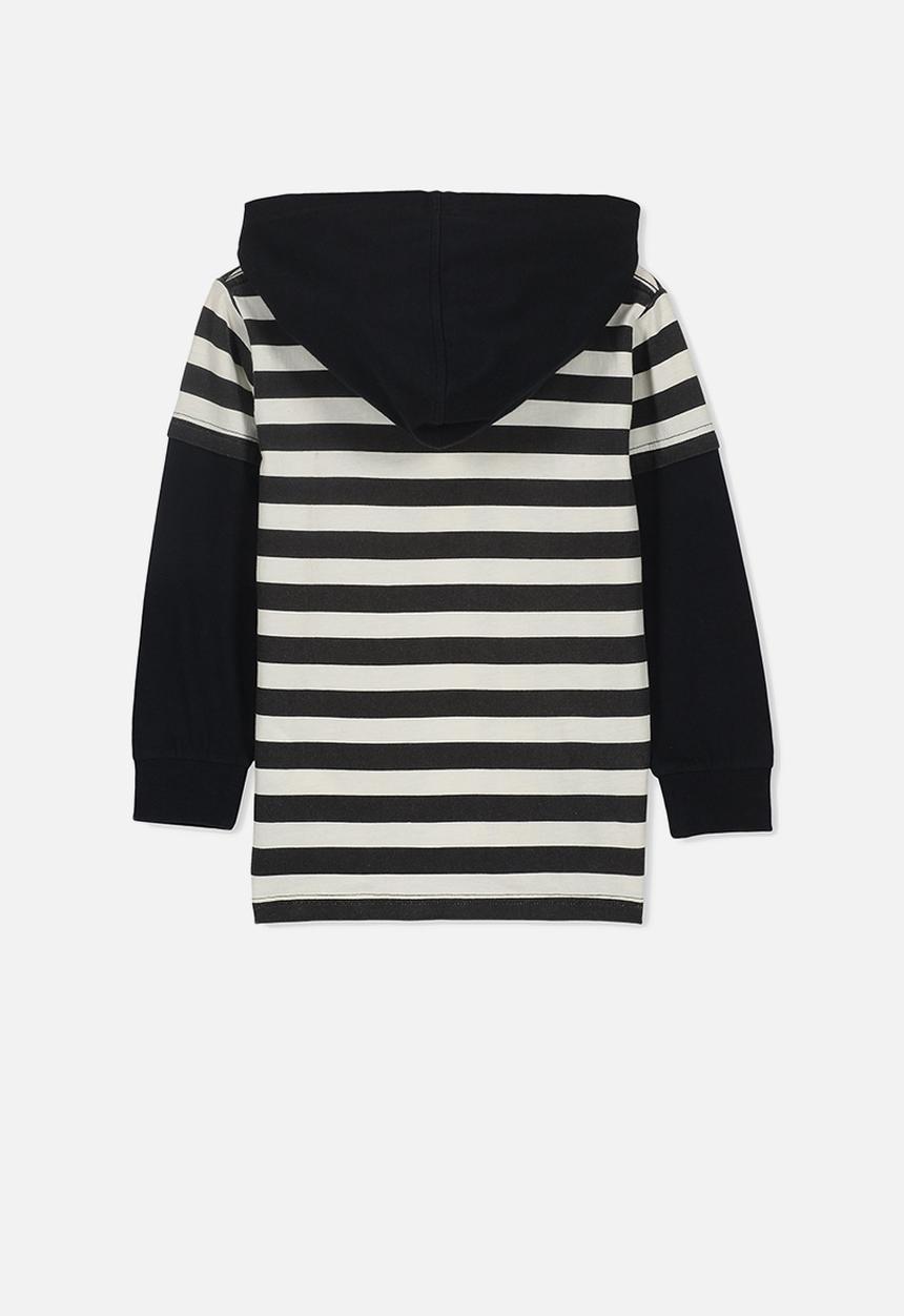 Cotton On - Nate hooded long sleeve top - black & white