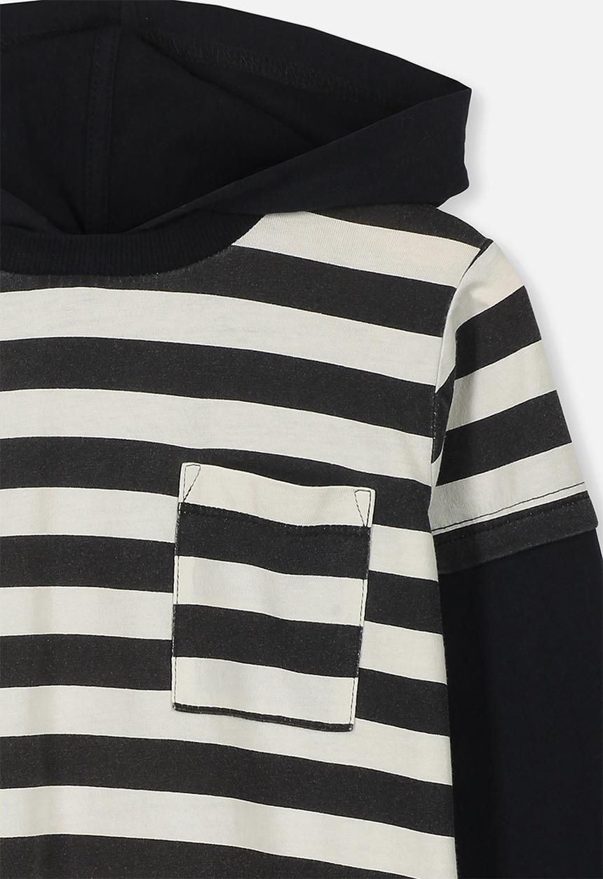 Cotton On - Nate hooded long sleeve top - black & white