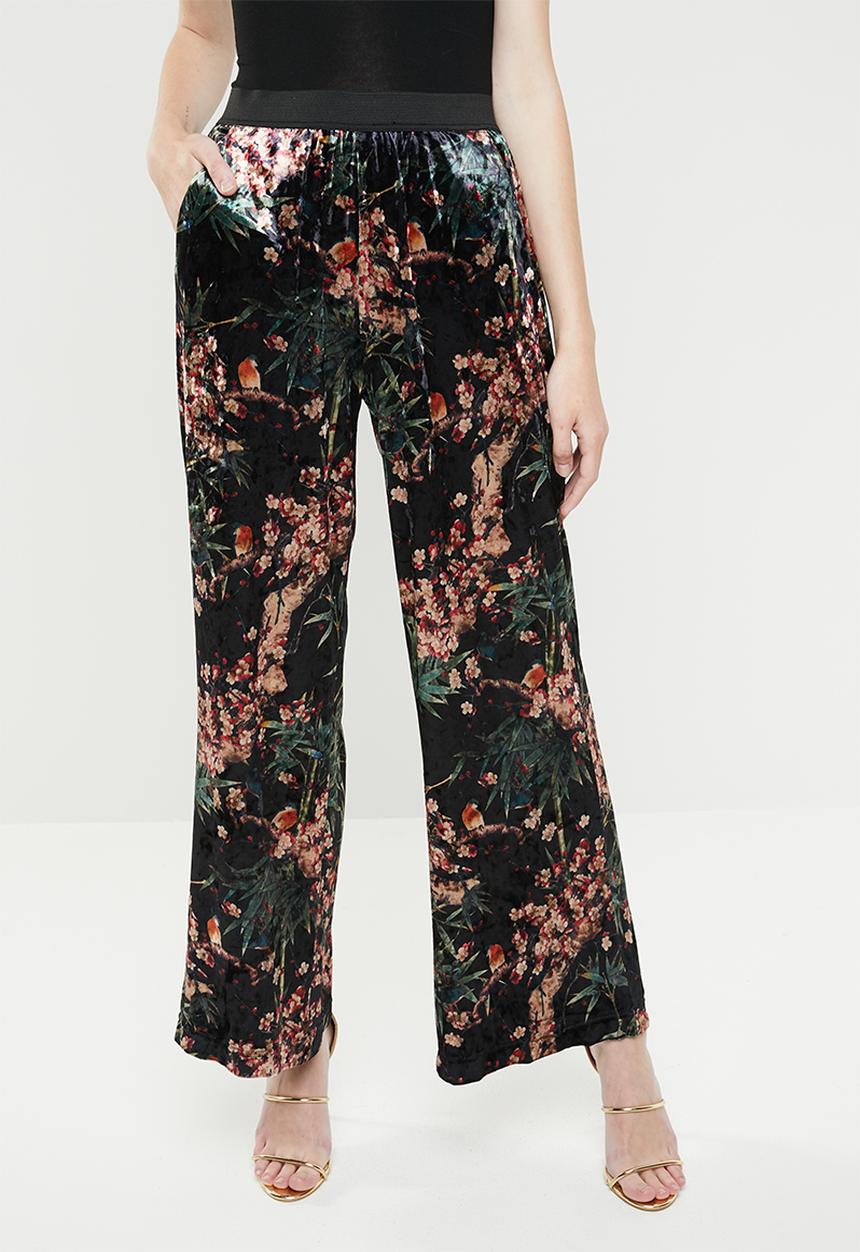 ONLY - Alex wide printed velvet pants - black
