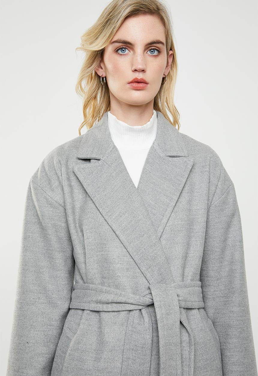 Superbalist - Belted melton trench coat - grey