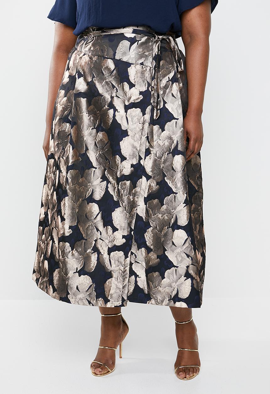 AMANDA LAIRD CHERRY - Plus size sphe brocade wrap skirt - navy & beige