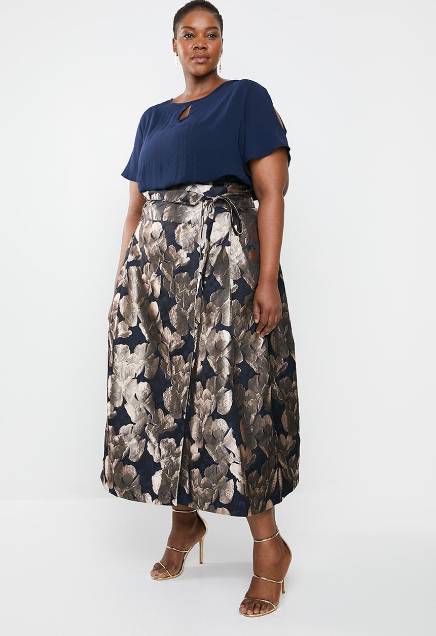 AMANDA LAIRD CHERRY - Plus size sphe brocade wrap skirt - navy & beige