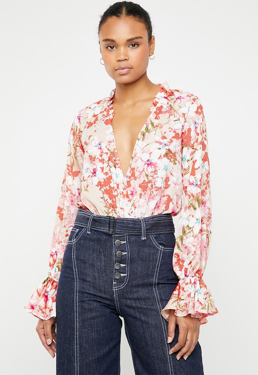 Missguided - Chiffon floral frill bodysuit - pink