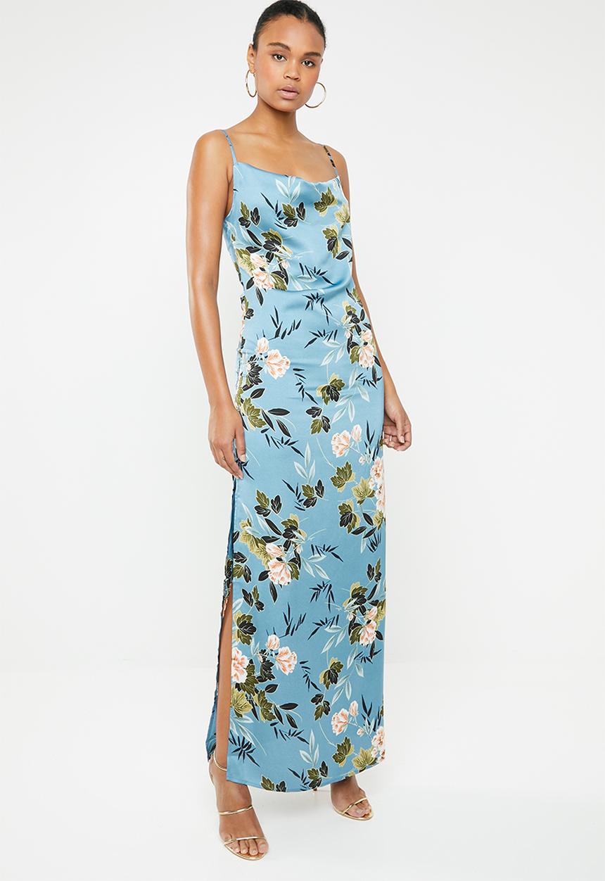 Missguided - Floral satin cowl neck side split maxi dress - blue
