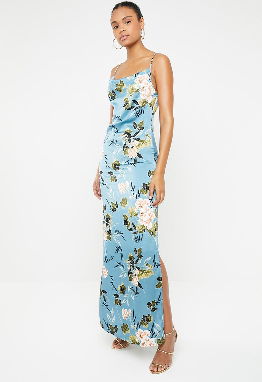 Missguided - Floral satin cowl neck side split maxi dress - blue
