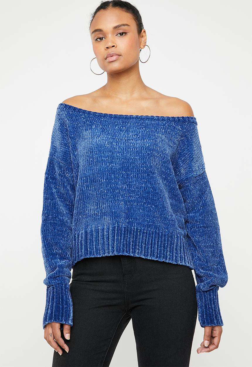 Missguided - Chenille off shoulder knitted jumper - blue