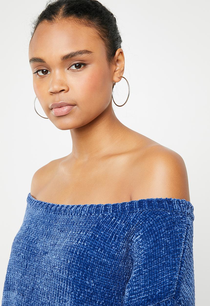 Missguided - Chenille off shoulder knitted jumper - blue