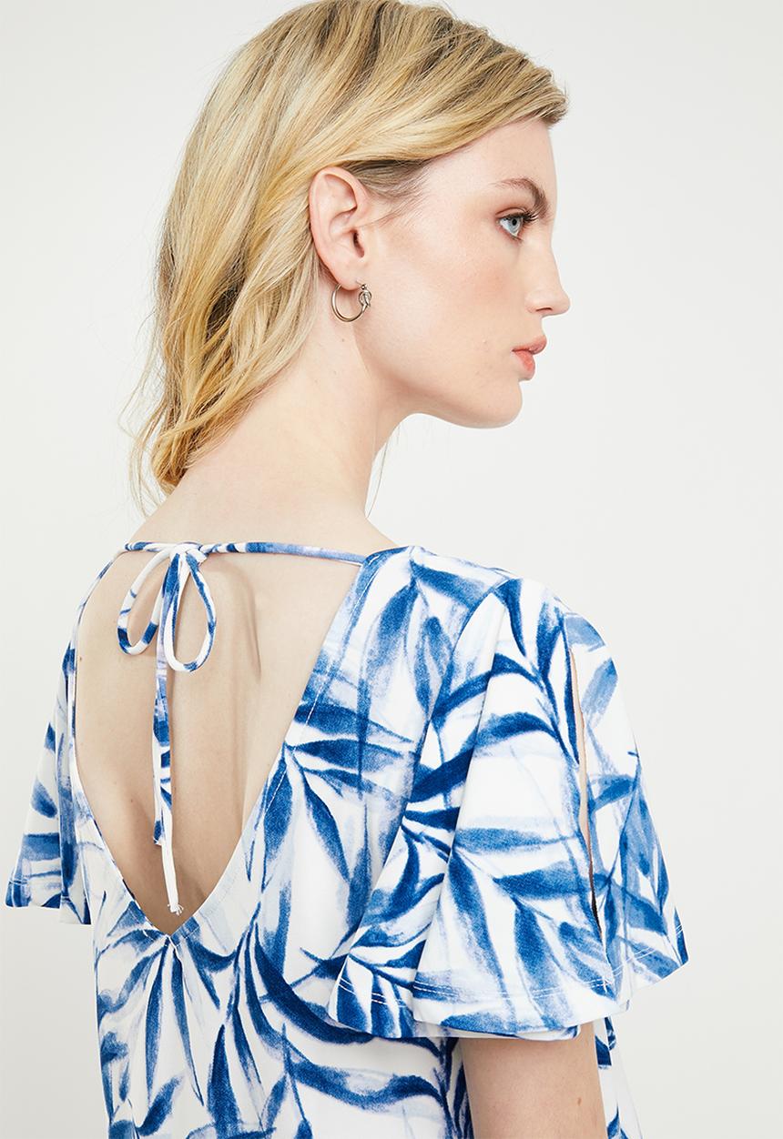 MANGO - Ruffled sleeve dress - blue & white