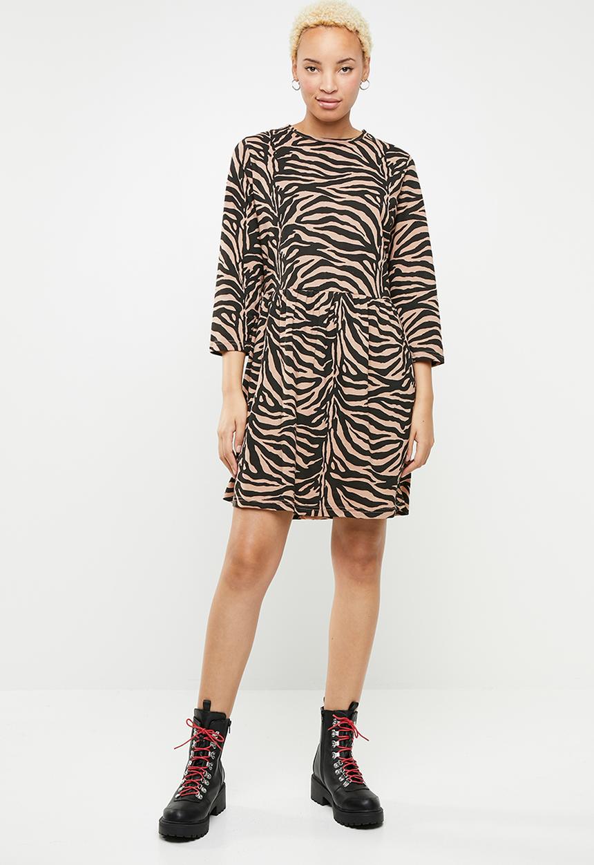 Missguided - Jersey zebra half sleeve smock dress - brown & black