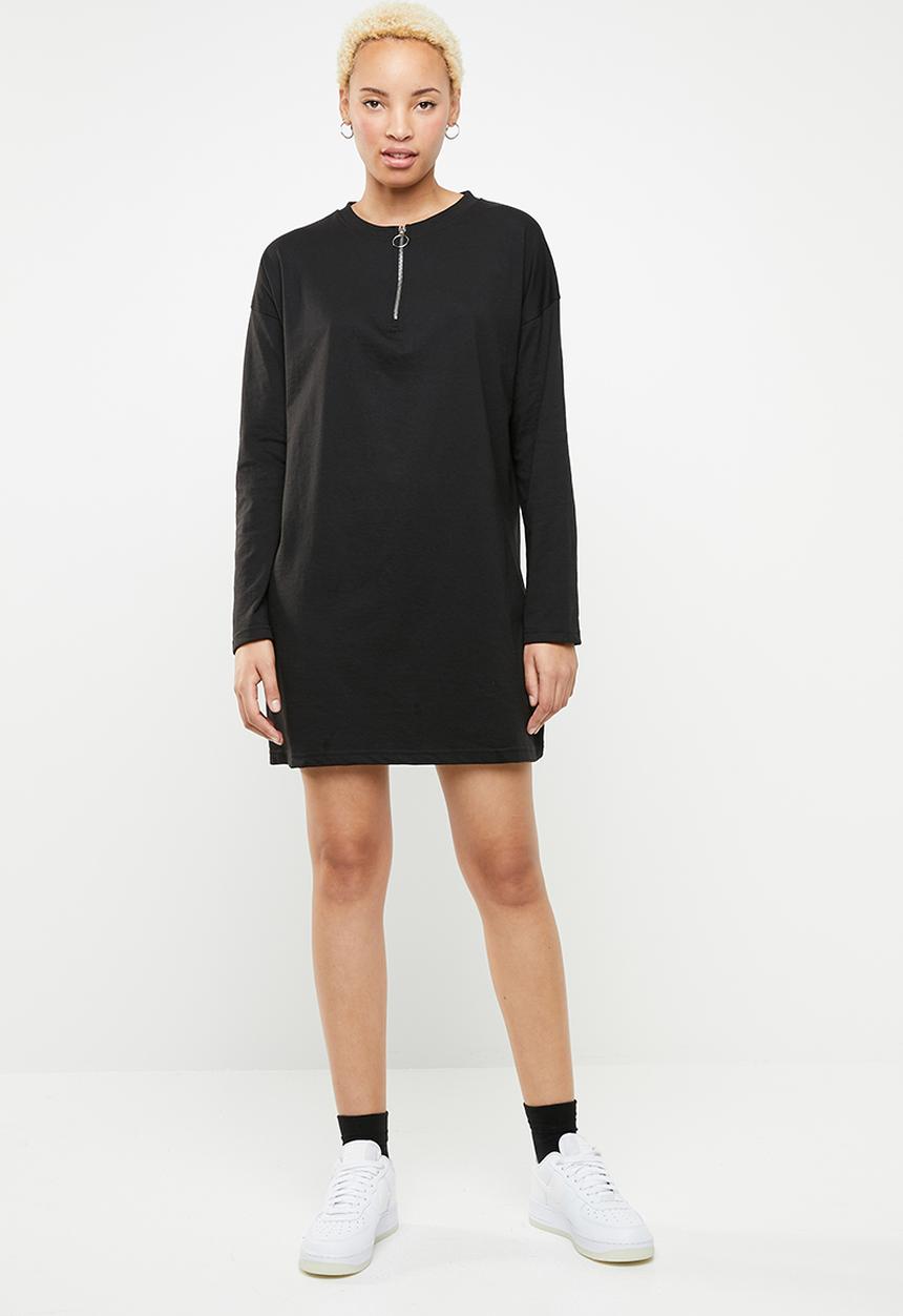 Missguided - Oversized zip front ls T-shirt dress - black