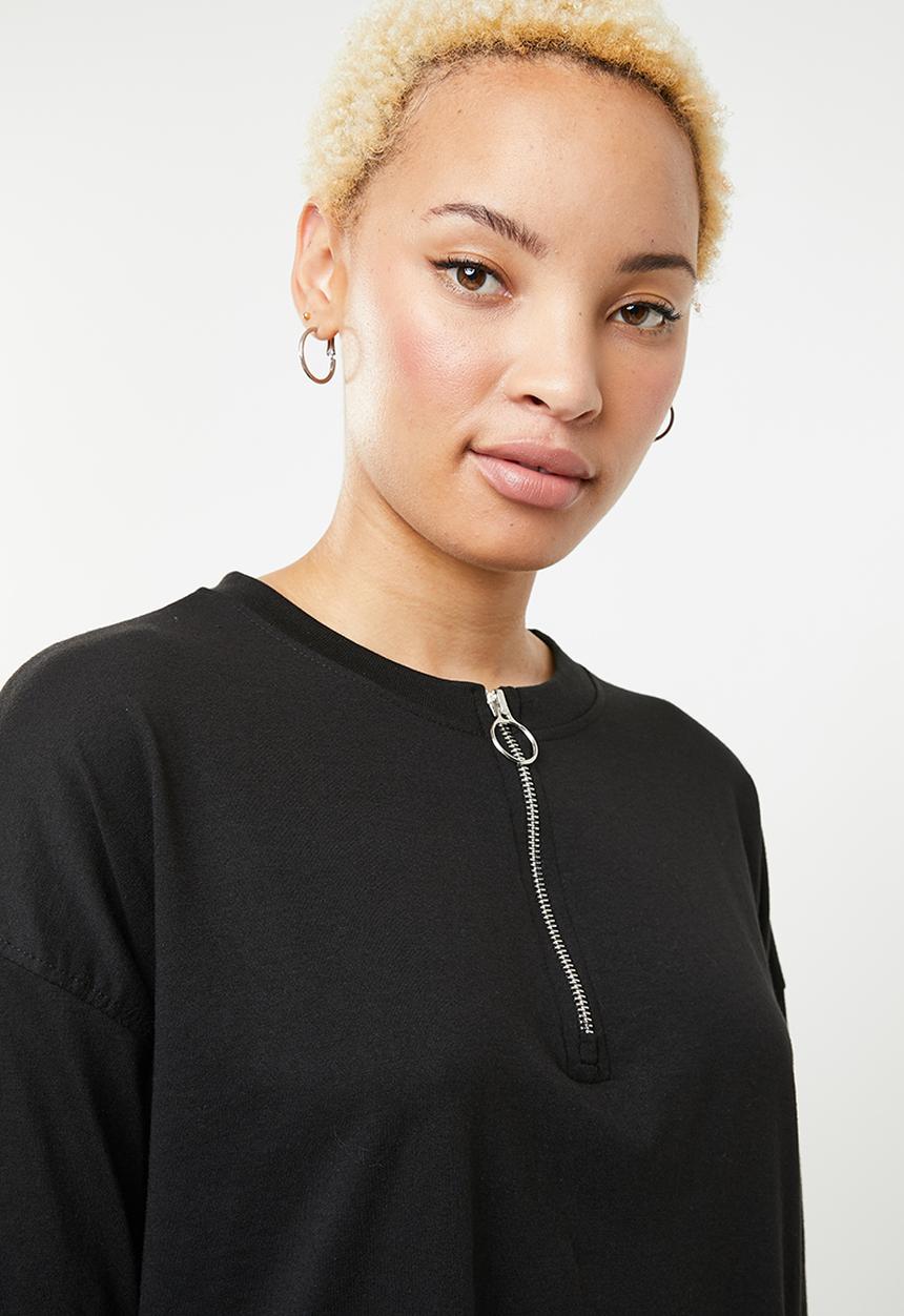 Missguided - Oversized zip front ls T-shirt dress - black