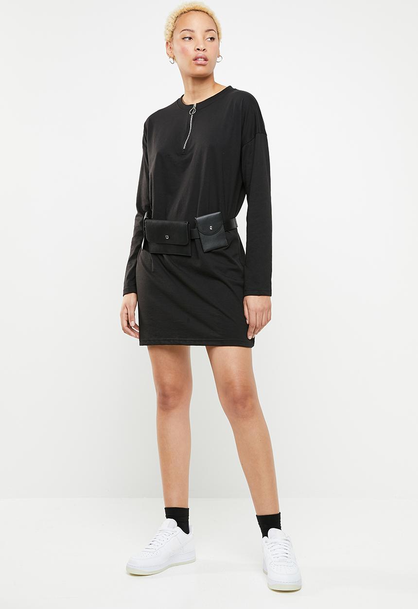 Missguided - Oversized zip front ls T-shirt dress - black
