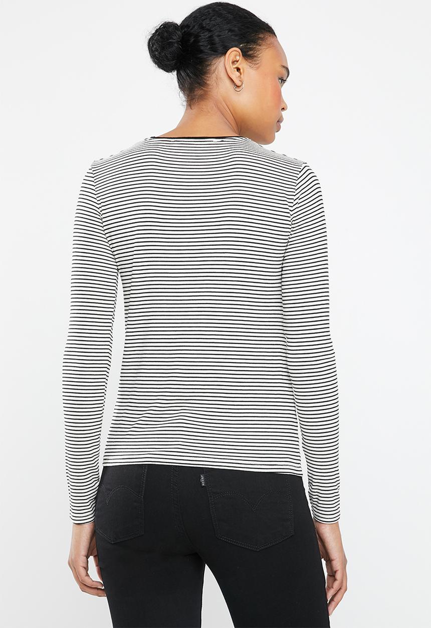 MANGO - Round neck long sleeve T-shirt - off-white & black