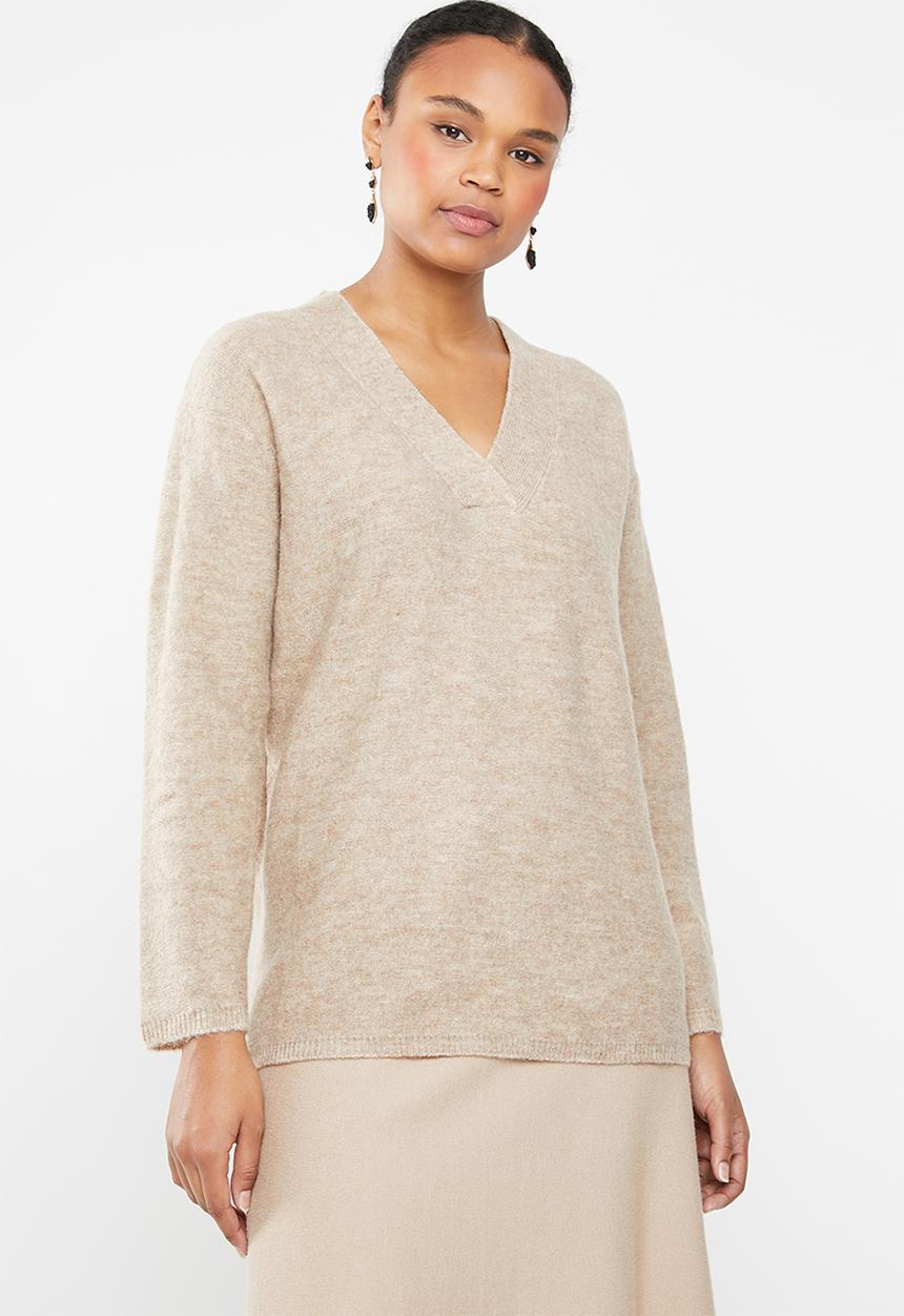 MANGO - Wool blend v-neck knit - beige