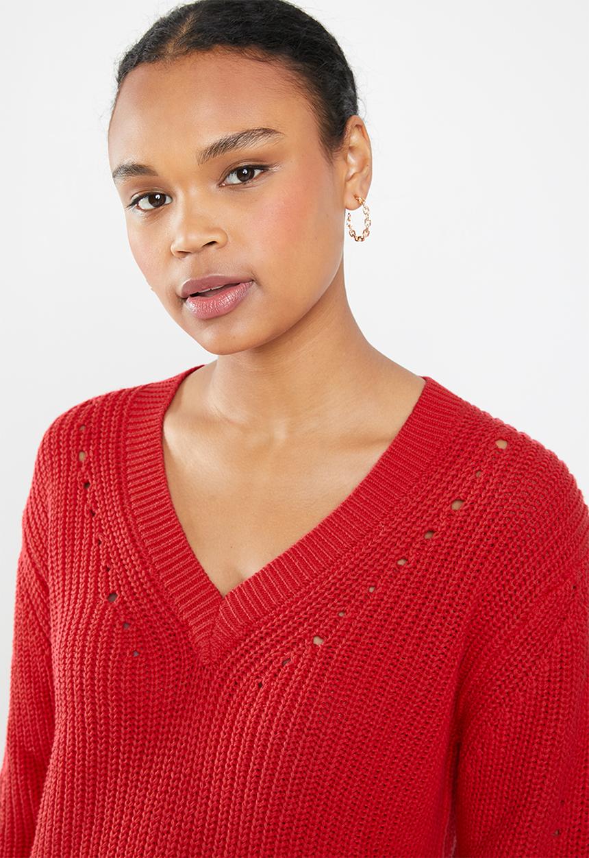 MANGO - Openwork v-neck knit - red