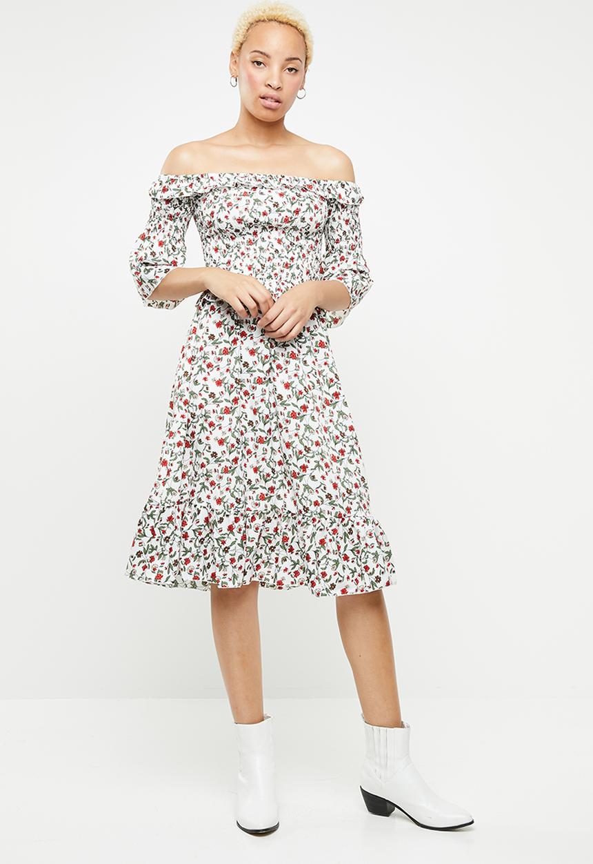 Missguided - Ditsy print midi dress- white