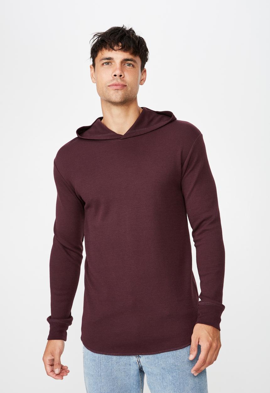 Cotton On - Hooded waffle long sleeve tee - burgundy 