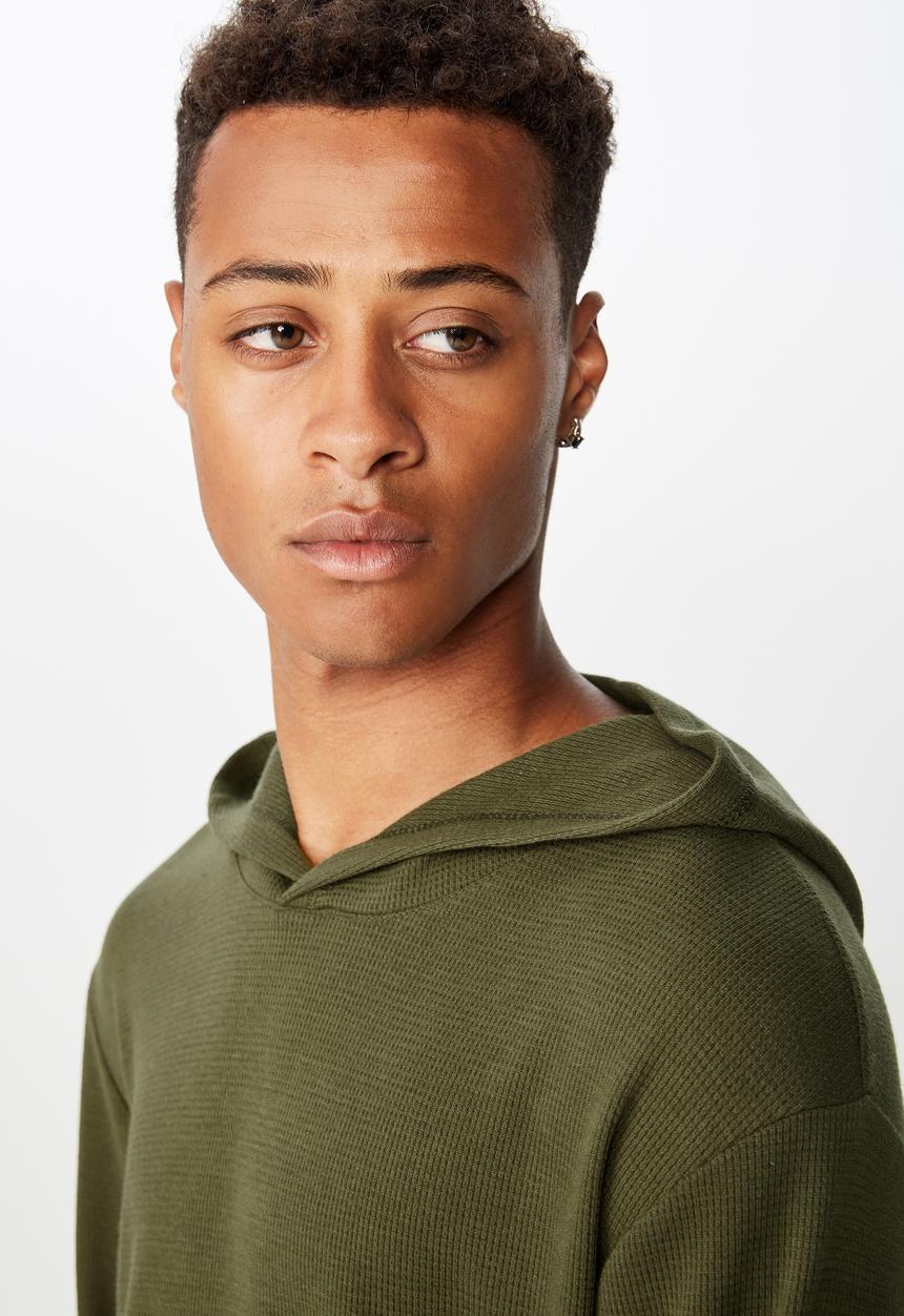 Cotton On - Hooded waffle long sleeve tee - khaki