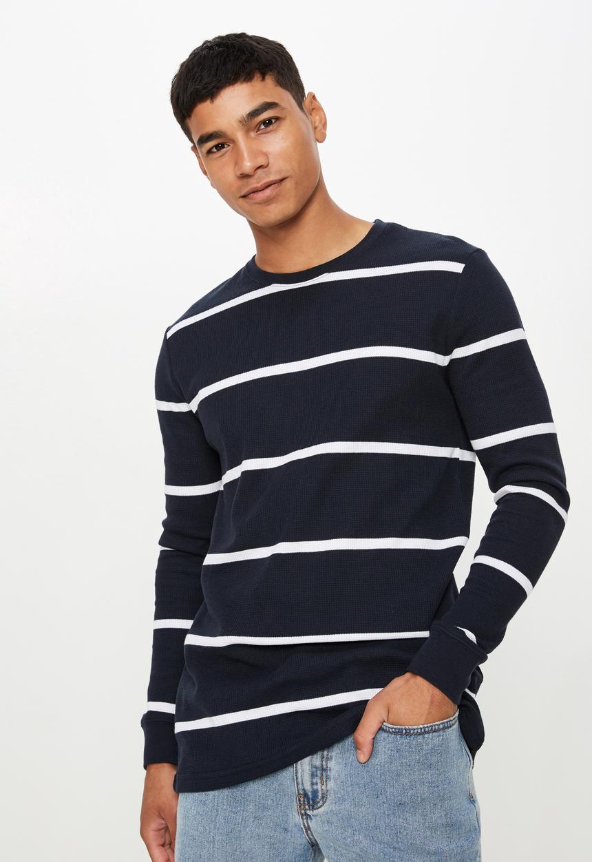 Cotton On - Waffle long sleeve tee - navy & white 