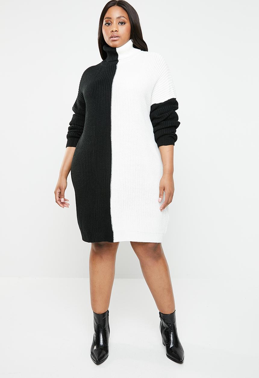 Missguided - Curve roll neck spliced jumper dress - black & white
