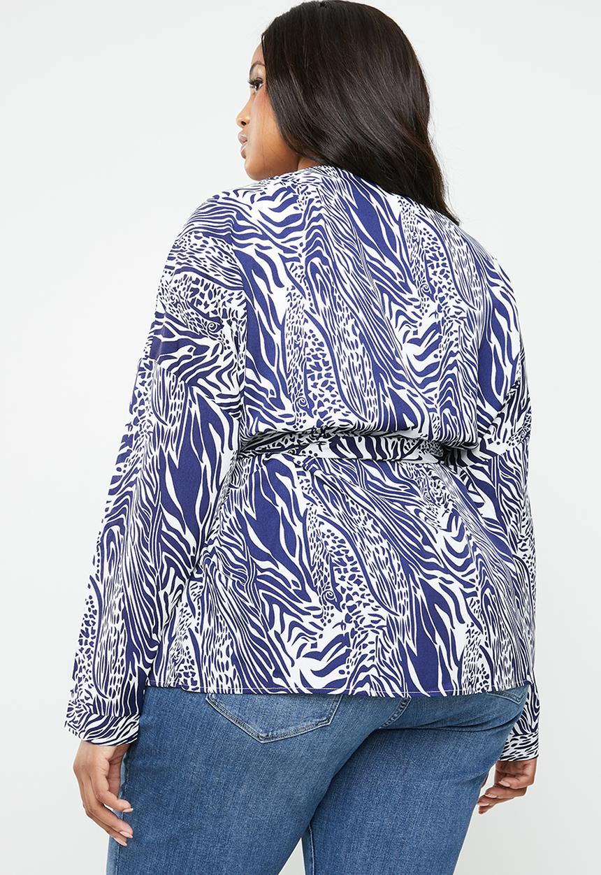 Missguided - Curve belted longline top - blue & white