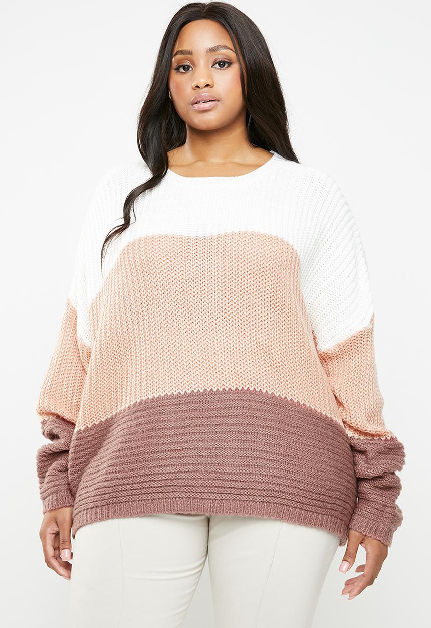 Missguided - Curves colour blocks stitch jumper - pink & white
