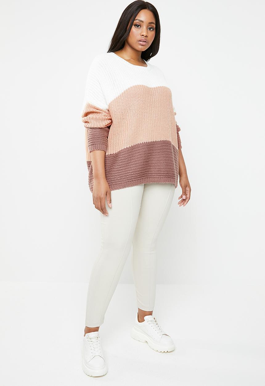 Missguided - Curves colour blocks stitch jumper - pink & white