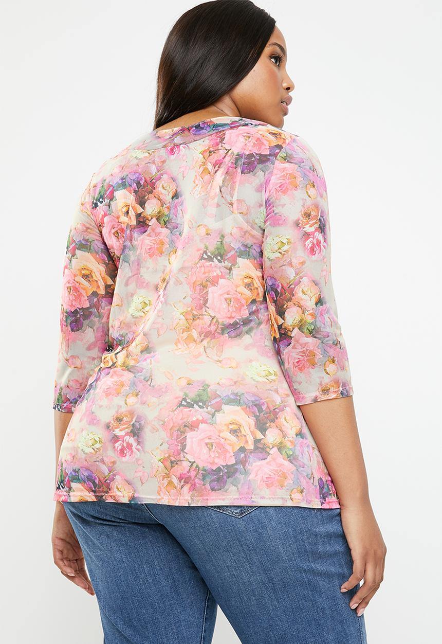 Plus-Fab - Floral mesh top - pink
