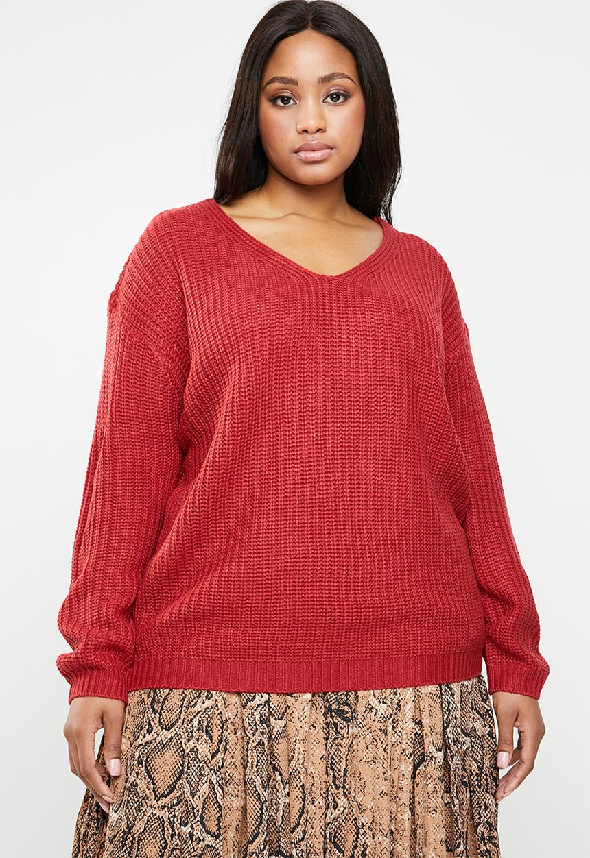 Brave Soul - V neck knit with back crossover detail - red