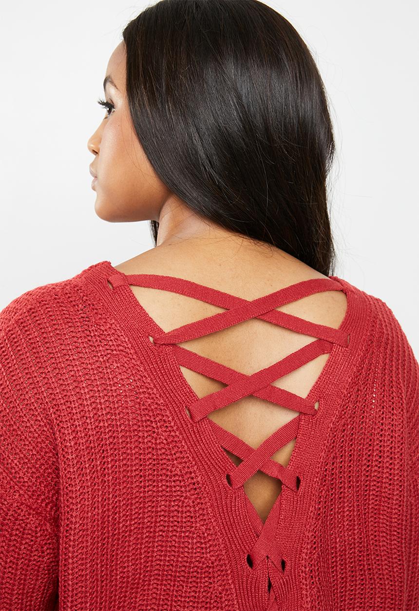 Brave Soul - V neck knit with back crossover detail - red