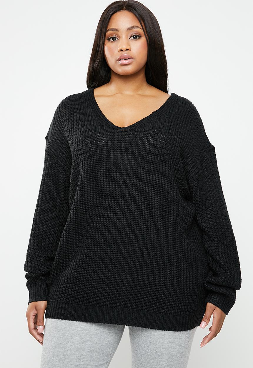 Brave Soul - V neck knit with back crossover detail - black