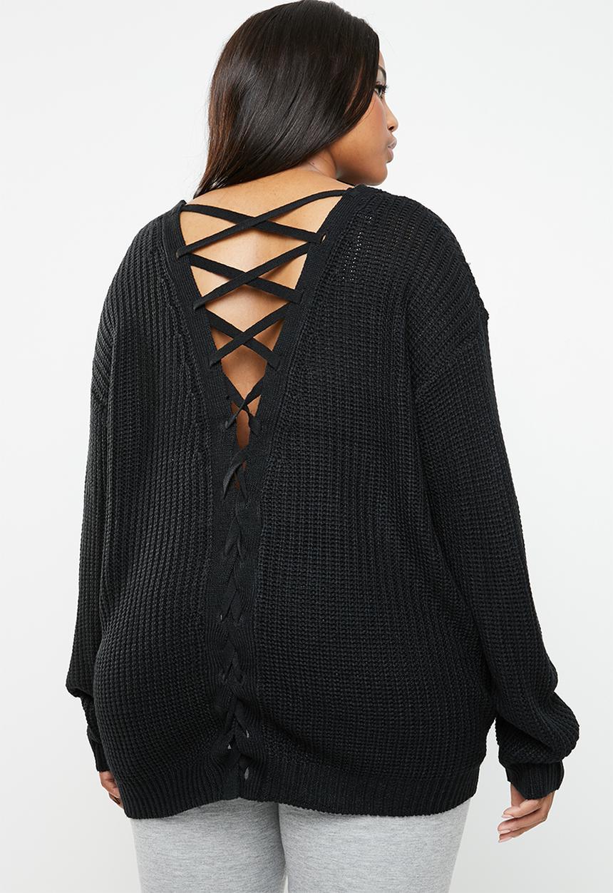Brave Soul - V neck knit with back crossover detail - black