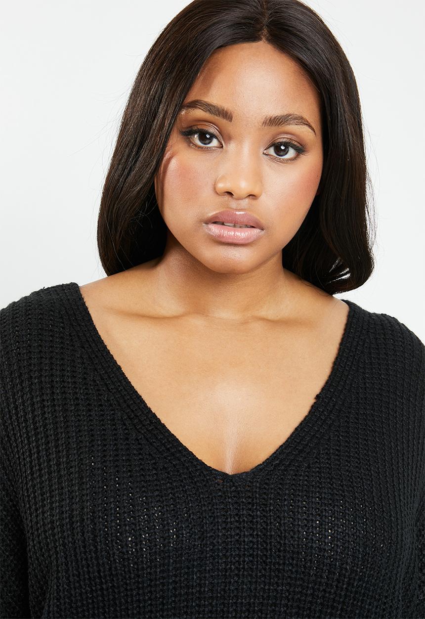 Brave Soul - V neck knit with back crossover detail - black