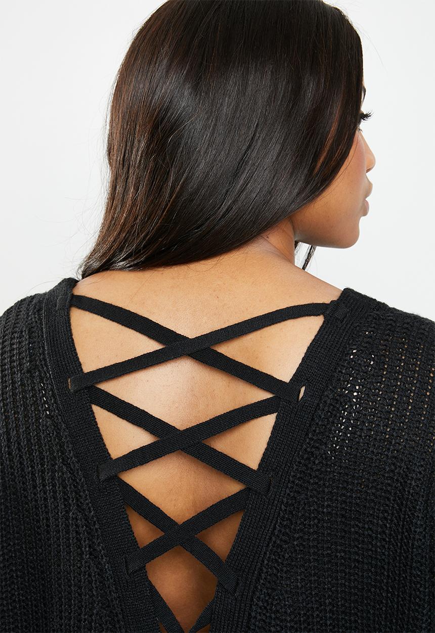 Brave Soul - V neck knit with back crossover detail - black