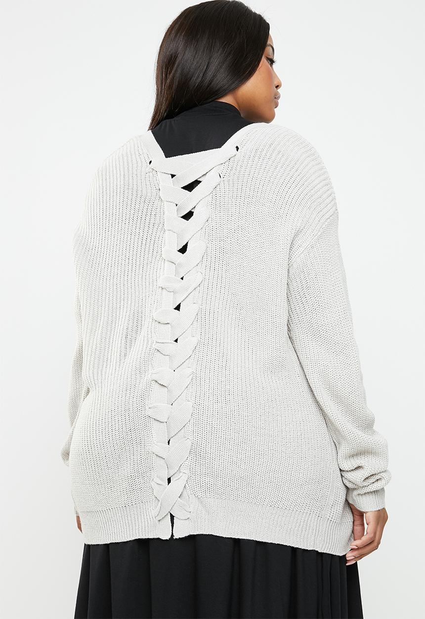 Brave Soul - Knit cardigan with lace tie detail - grey