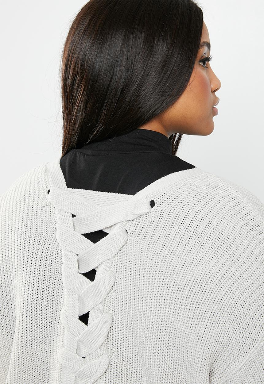 Brave Soul - Knit cardigan with lace tie detail - grey