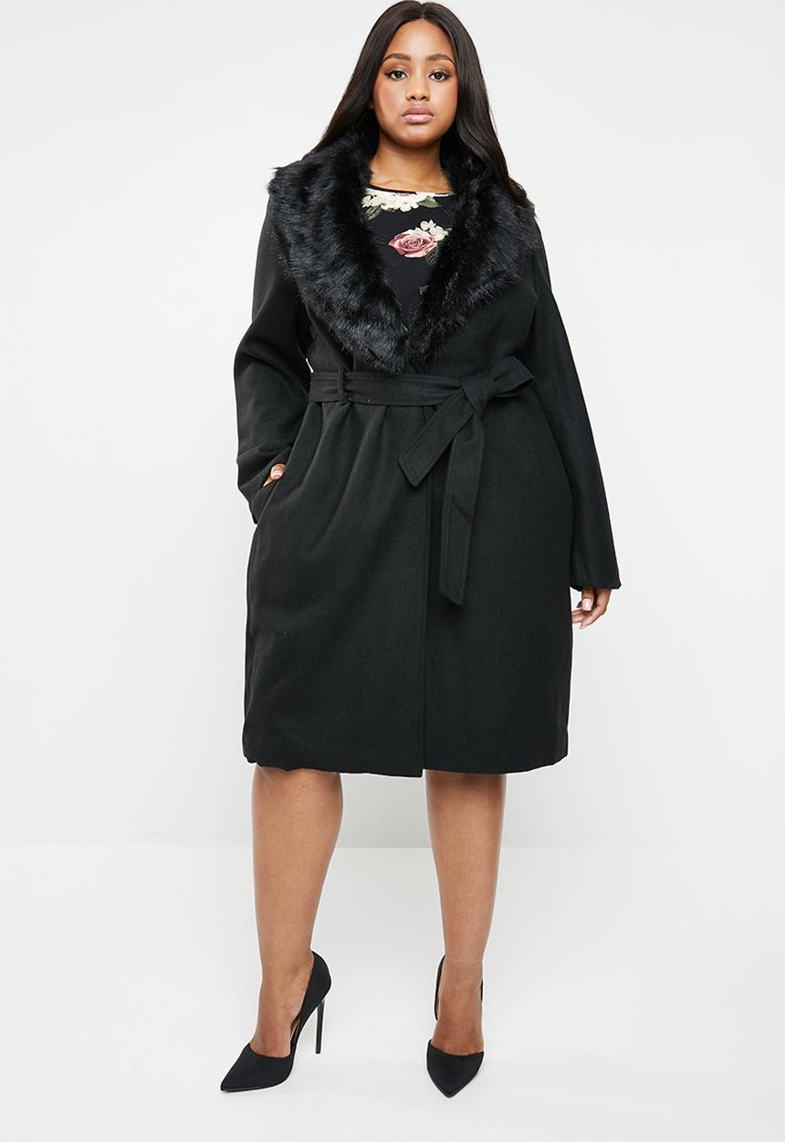 Brave Soul - Longer length wool-like coat with faux fur collar - black