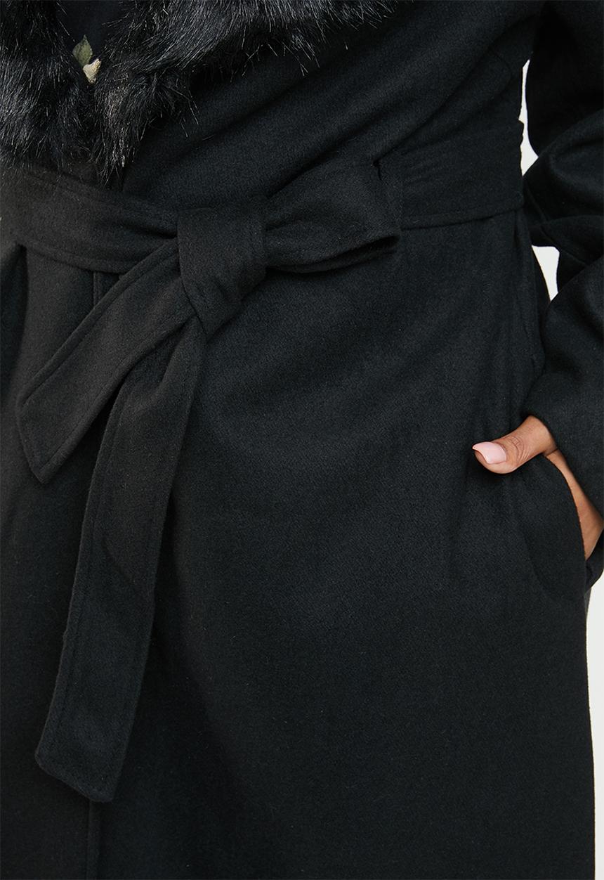 Brave Soul - Longer length wool-like coat with faux fur collar - black
