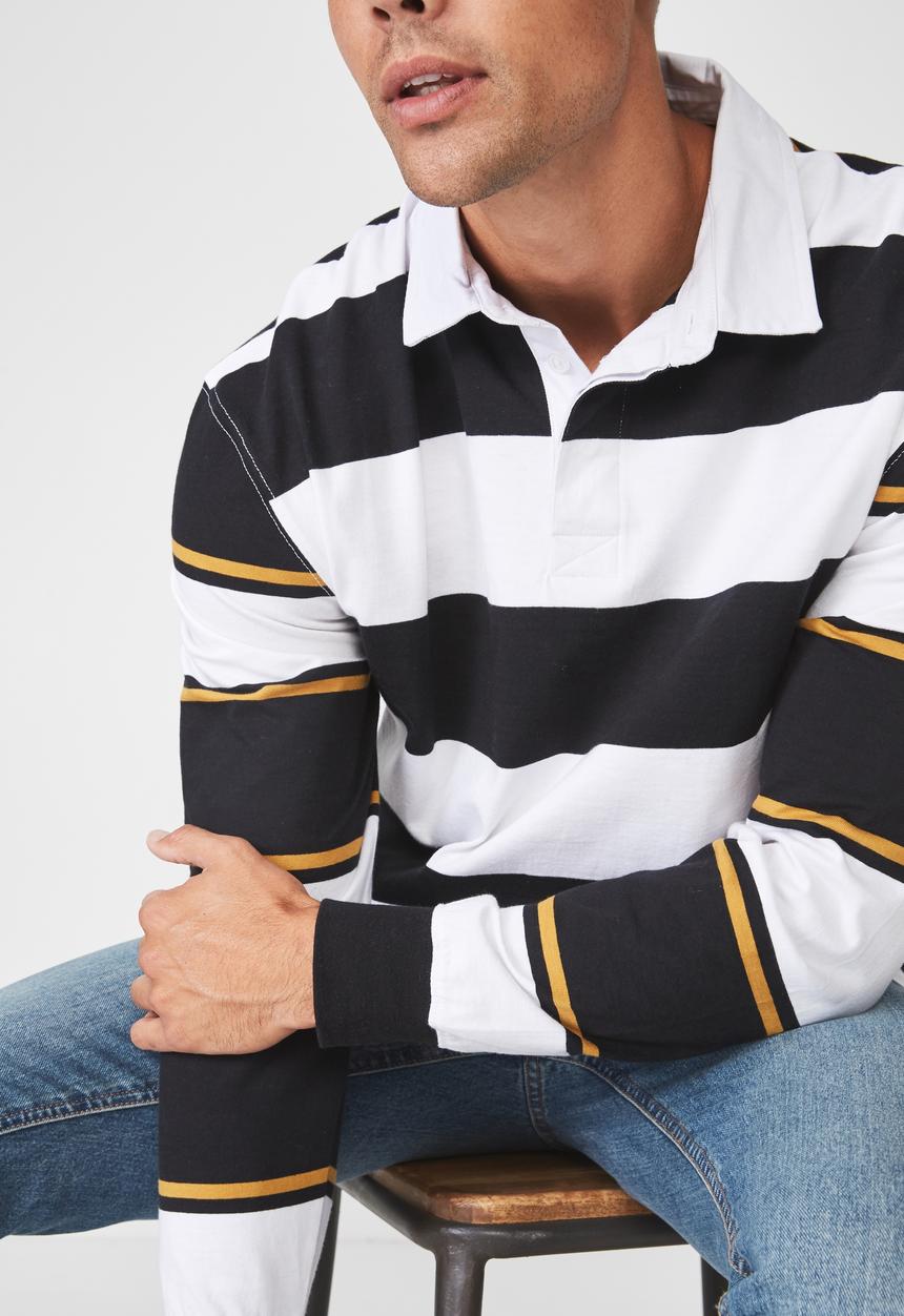 Cotton On - Rugby long sleeve polo - black & white 