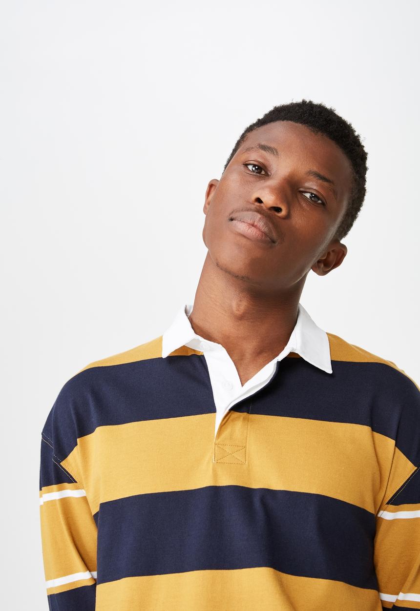 Cotton On - Rugby long sleeve polo - navy &  yellow 