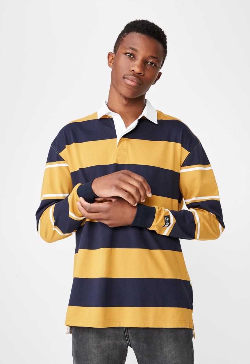 Cotton On - Rugby long sleeve polo - navy &  yellow 